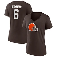 T-shirt à col en V avec nom et numéro d'icône du joueur des Cleveland Browns Fanatics Baker Mayfield marron pour femmes