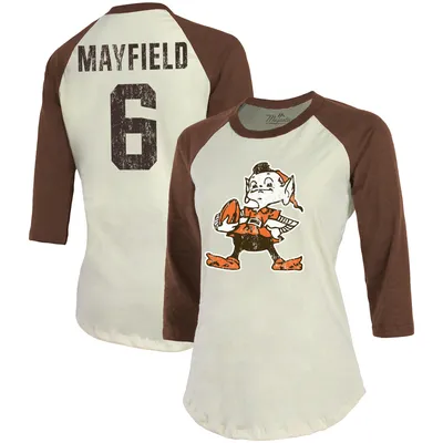 Baker Mayfield Cleveland Browns Fanatics Branded Women's Player Raglan Name & Number 3/4-Sleeve T-Shirt - Cream/Brown