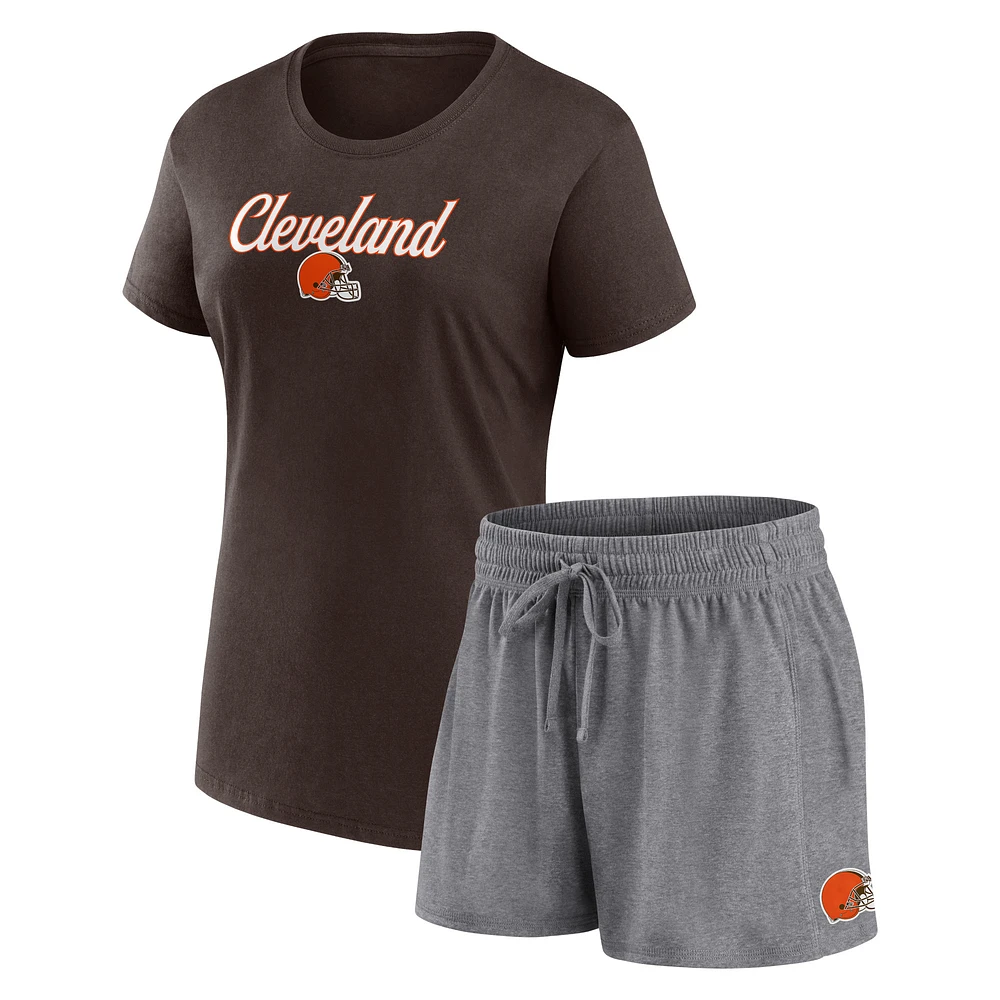 Ensemble t-shirt et short Fanatics marron/anthracite chiné pour femmes Cleveland Browns Script Lounge