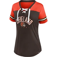 T-shirt en jersey à lacets et col V Fanatics pour femmes marron/orange Cleveland Browns Blitz & Glam