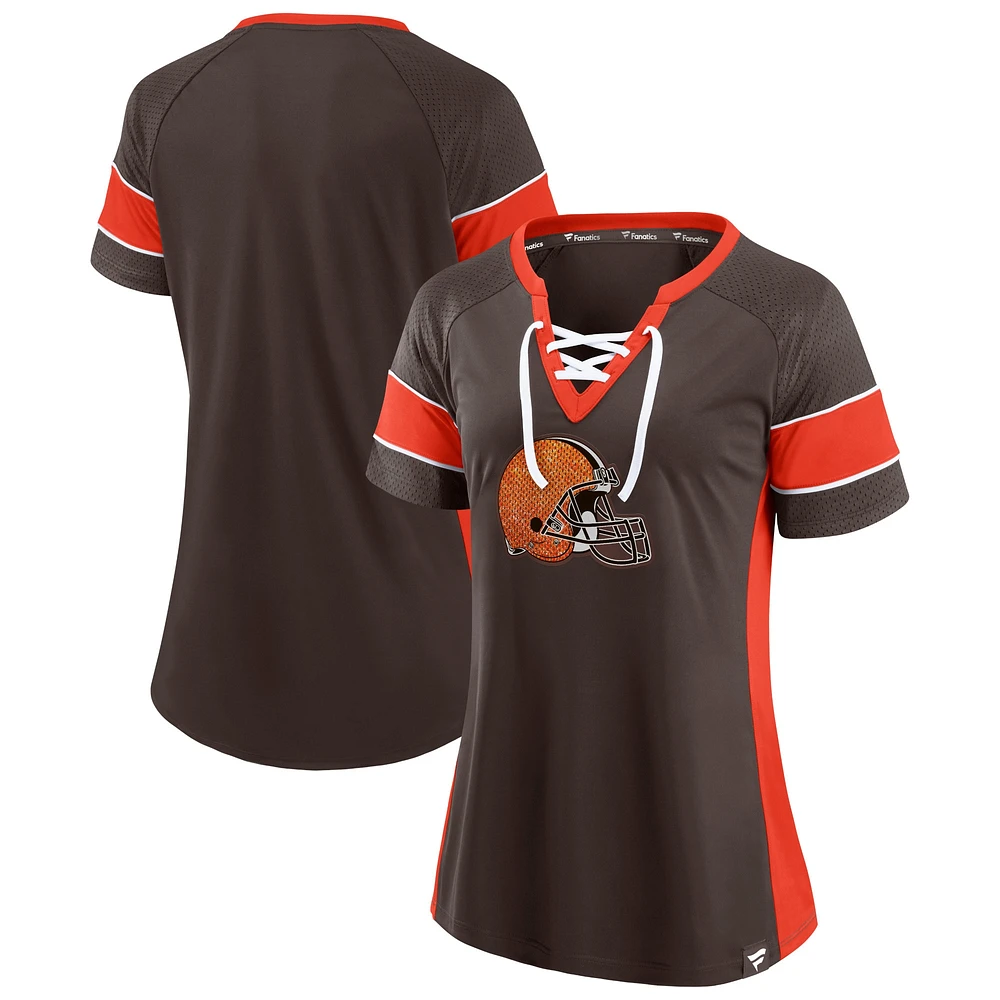 T-shirt raglan à lacets Fanatics pour femmes marron/orange Cleveland Browns Team Draft Me