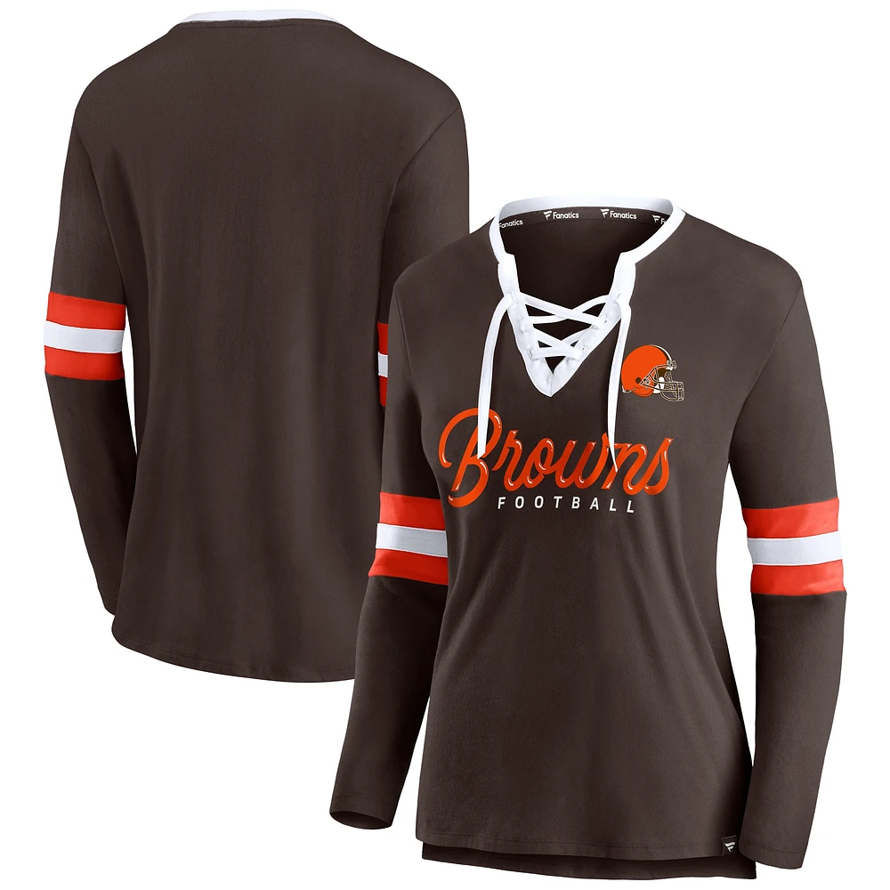 T-shirt à lacets manches longues pour femmes Fanatics Brown Cleveland Browns Block Party Team Script