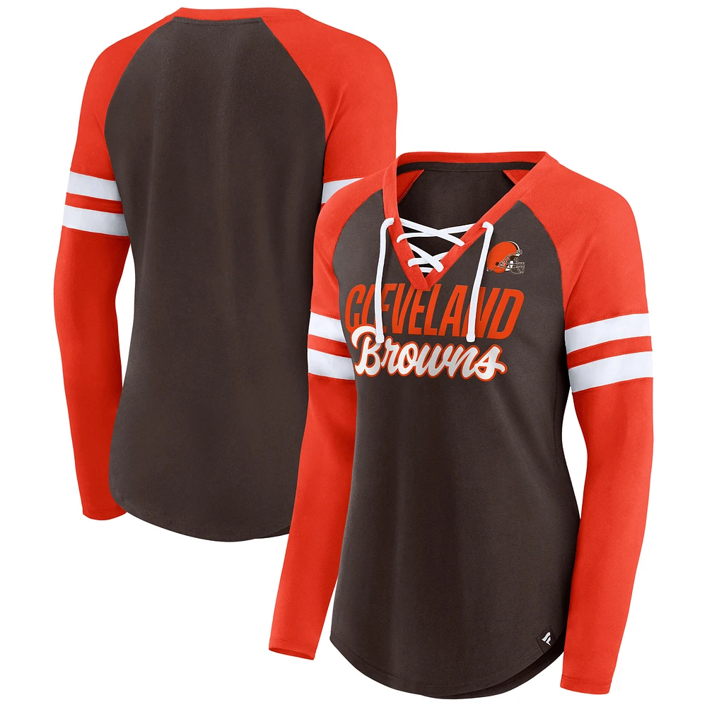 Women's Fanatics Brown Cleveland Browns Iconic Raglan Lace-Up V-Neck Long Sleeve T-Shirt