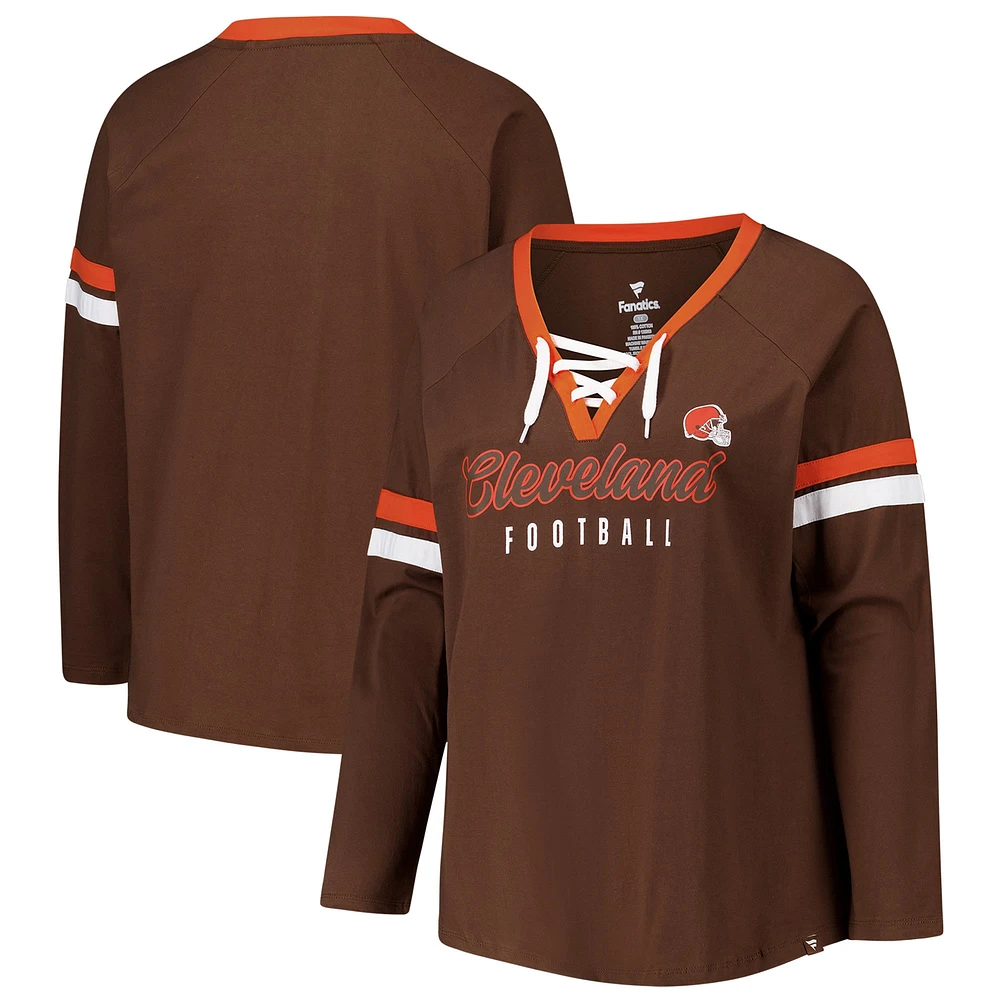 T-shirt à manches longues et col en V lacets pour femmes Fanatics Brown Cleveland Browns grande taille Won & Done