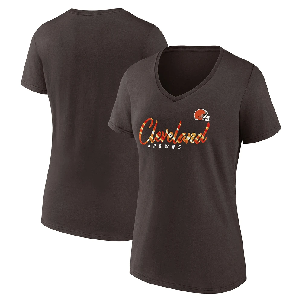 T-shirt marron à col en V Fanatics pour femmes Cleveland Browns Shine Time