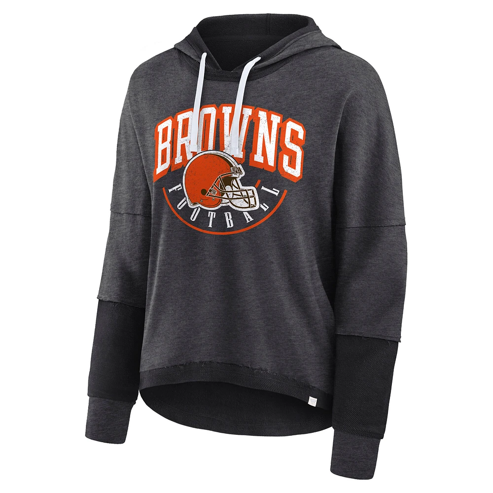 Women's Fanatics Charcoal Cleveland Browns Lightewight Modest Crop Lounge Helmet Arch Pullover Hoodie