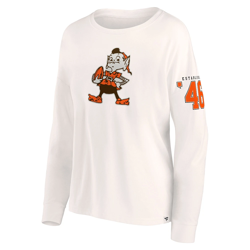 Women's Fanatics Cream Cleveland Browns Game Date Oversized Cropped Lightweight Long Sleeve Tee