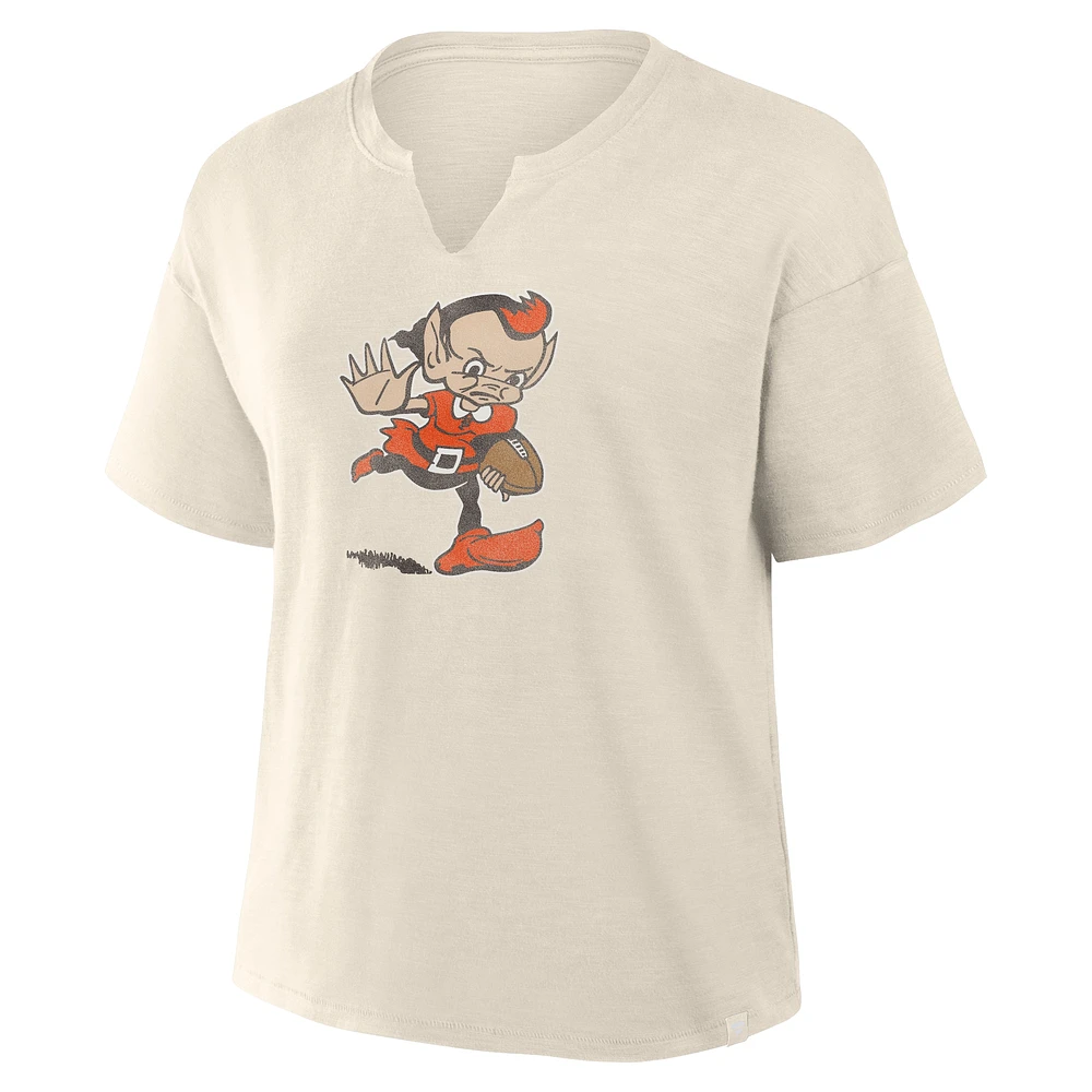 T-shirt à col en V flammé pour femme Fanatics Cream Cleveland Browns