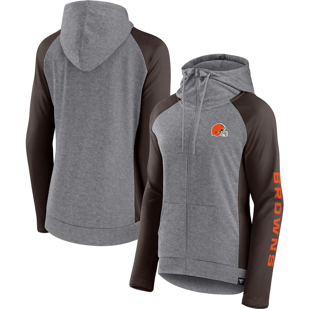 Fanatics pour femmes gris chiné/marron universitaire Cleveland Browns Blind Side Sweat à capuche léger entièrement zippé