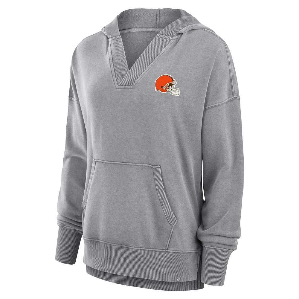 Sweat à capuche col en V molleton français délavé la neige de Cleveland Browns Initiative Fanatics pour femmes, gris chiné