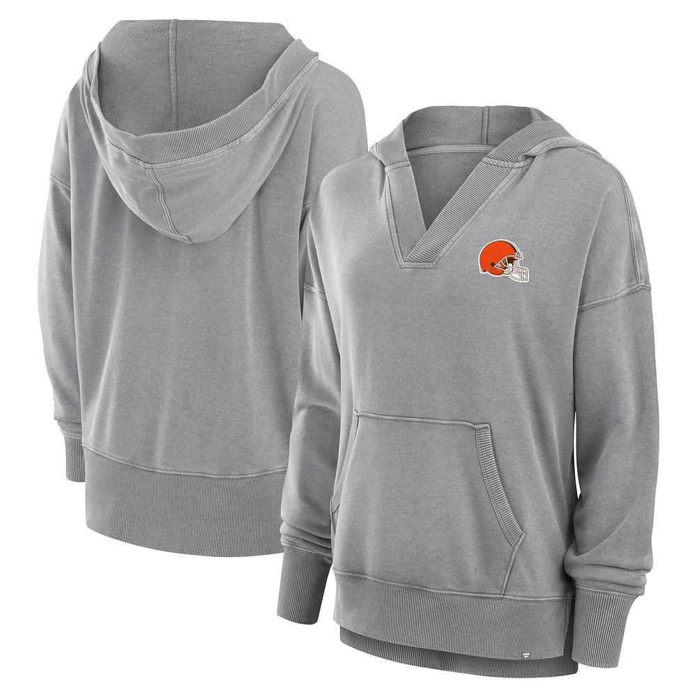 Sweat à capuche col en V molleton français délavé la neige de Cleveland Browns Initiative Fanatics pour femmes, gris chiné