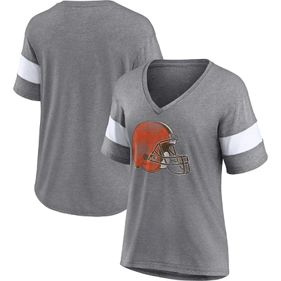 T-shirt tri-mélange à col en V de l'équipe détresse des Cleveland Browns Fanatics pour femmes, gris chiné/blanc