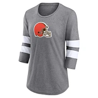 T-shirt à manches 3/4 et col rond avec logo principal des Cleveland Browns Fanatics pour femmes, gris chiné