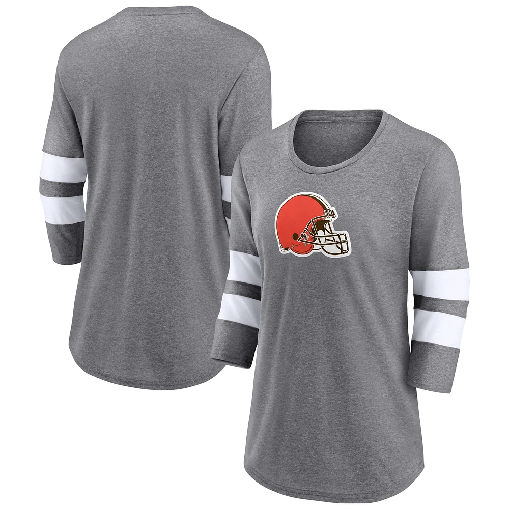 T-shirt à manches 3/4 et col rond avec logo principal des Cleveland Browns Fanatics pour femmes, gris chiné