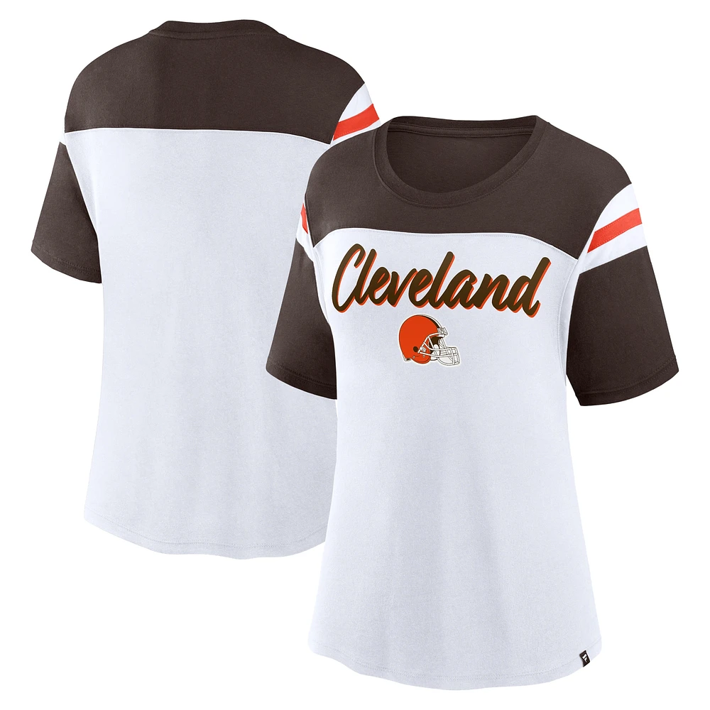 Haut court tendance blanc/marron pour femmes Fanatics Cleveland Browns Cheer Chant