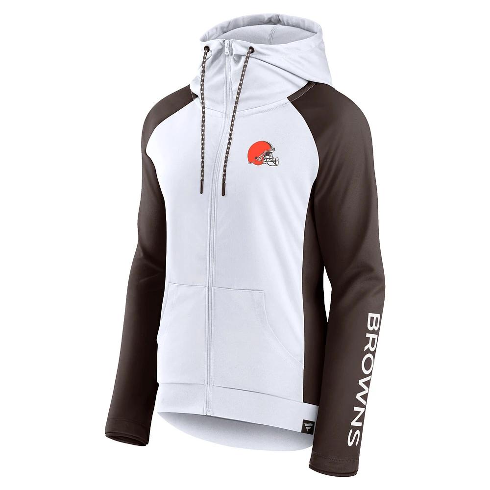 Women's Fanatics White/Brown Cleveland Browns End Around Lightweight Raglan Full-Zip Hoodie Jacket