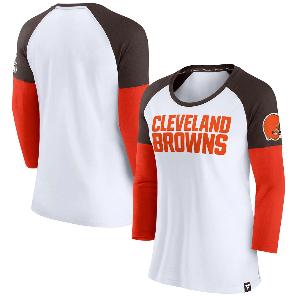 T-shirt emblématique à manches trois-quarts raglan color block Cleveland Browns Fanatics pour femmes blanc/marron