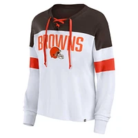 Women's Fanatics White/Brown Cleveland Browns Plus Even Match Lace-Up Long Sleeve V-Neck Top