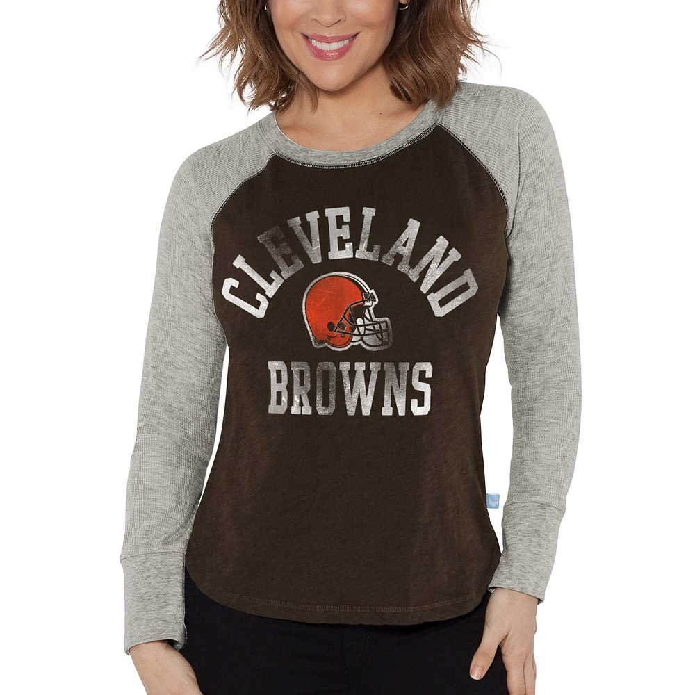 T-shirt à manches longues raglan en tricot gaufré des Cleveland Browns G-III 4Her par Carl Banks pour femmes, marron/gris chiné