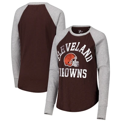 T-shirt à manches longues raglan en tricot gaufré G-III 4Her de Carl Banks pour femme, marron/gris chiné, Cleveland Browns