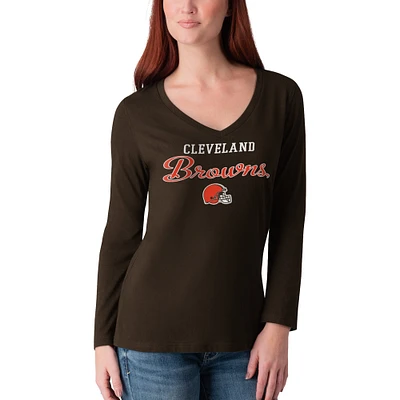 Women's G-III 4Her by Carl Banks Brown Cleveland Browns Post Season Long Sleeve V-Neck T-Shirt