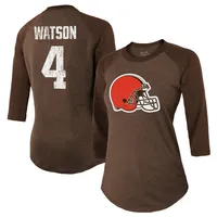 T-shirt Majestic Threads pour femmes Deshaun Watson marron Cleveland Browns nom et numéro raglan à manches 3/4