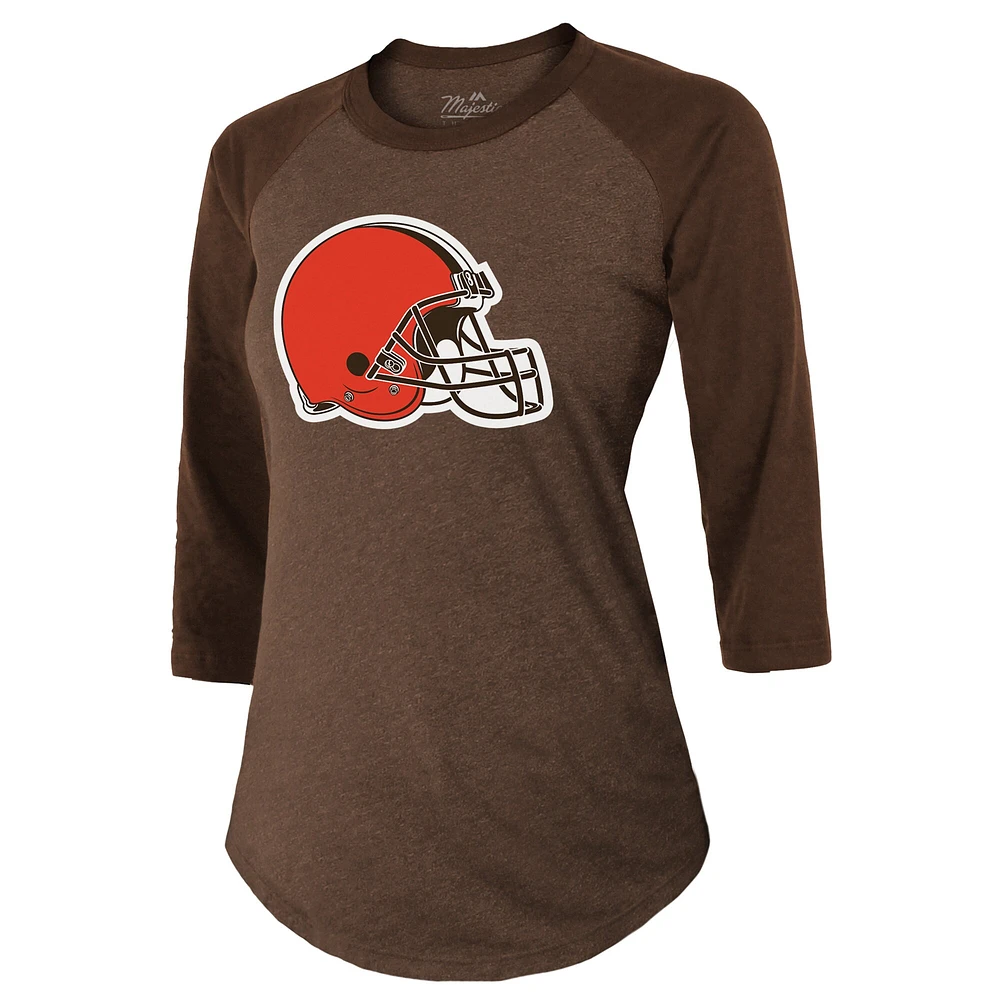 T-shirt Majestic Threads pour femmes Deshaun Watson marron Cleveland Browns nom et numéro raglan à manches 3/4