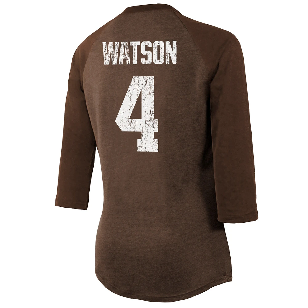 T-shirt Majestic Threads pour femmes Deshaun Watson marron Cleveland Browns nom et numéro raglan à manches 3/4