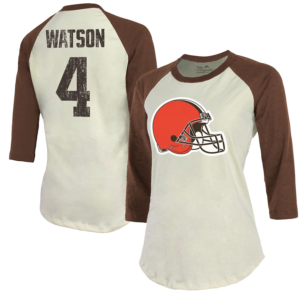 Women's Majestic Threads Deshaun Watson Cream Cleveland Browns Player Name & Number Tri-Blend Three-Quarter Sleeve T-Shirt