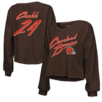 Women's Majestic Threads Nick Chubb Brown Cleveland Browns Name & Number Off-Shoulder Script Cropped Long Sleeve V-Neck T-Shirt