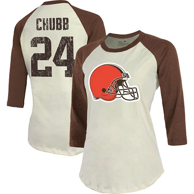 T-shirt ajusté à manches 3/4 pour femme Majestic Threads Nick Chubb crème/marron Cleveland Browns Player Raglan Name & Number