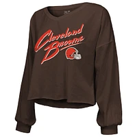 T-shirt col en V à épaules dénudées pour femme Majestic Threads Shedeur Sanders Brown Cleveland Browns 2025 NFL Draft avec nom et numéro script
