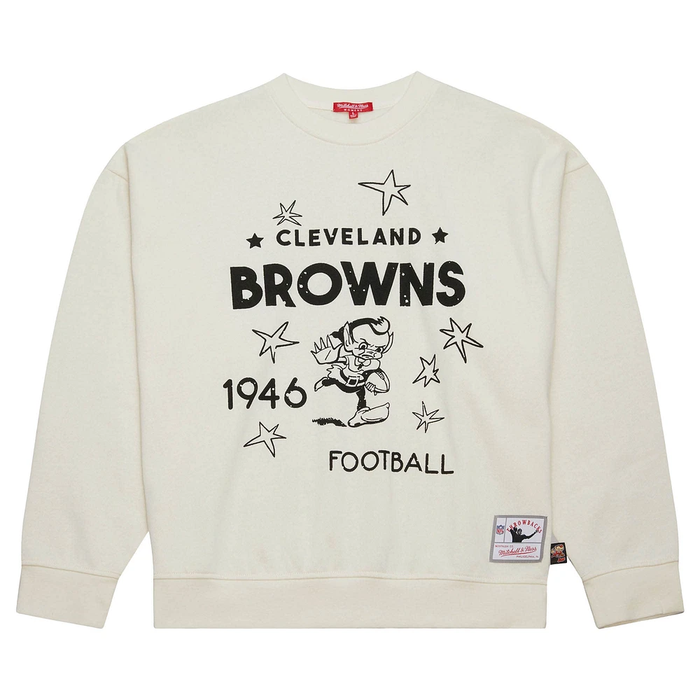 Women's Mitchell & Ness  Cream Cleveland Browns Throwback Logo 3.0 Pullover Sweatshirt