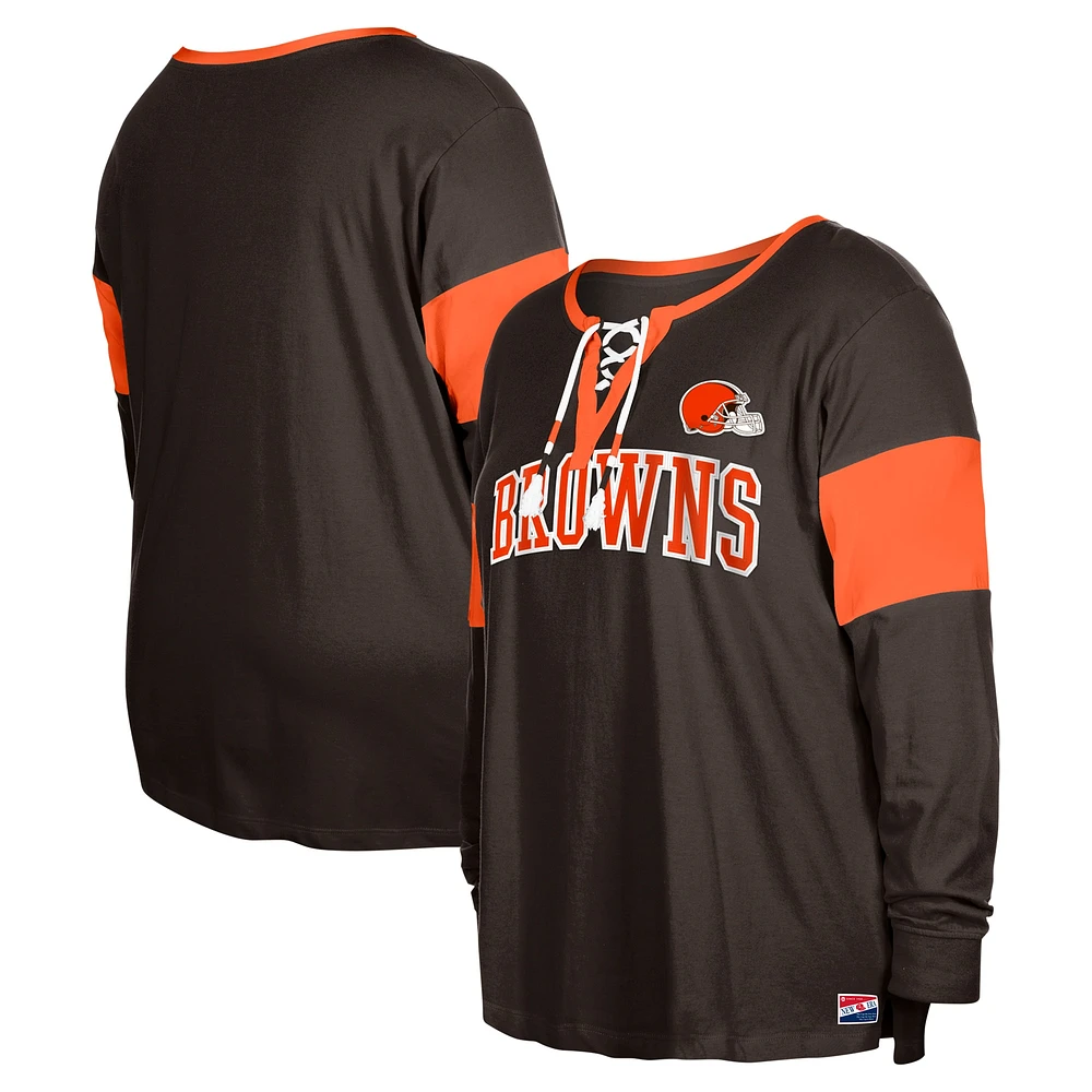 Women's New Era Brown Cleveland Browns Plus Lace-Up Notch Neck Long Sleeve T-Shirt