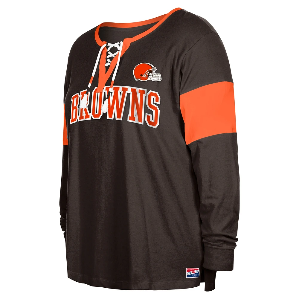 Women's New Era Brown Cleveland Browns Plus Lace-Up Notch Neck Long Sleeve T-Shirt