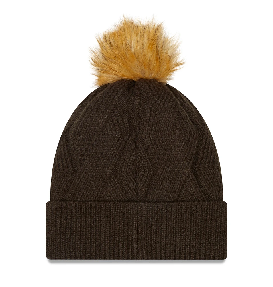 Bonnet en tricot à revers Snowy Cleveland Browns pour femme New Era marron avec pompon