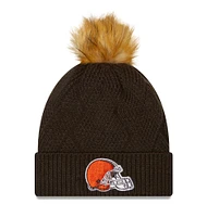 Bonnet en tricot à revers Snowy Cleveland Browns pour femme New Era marron avec pompon