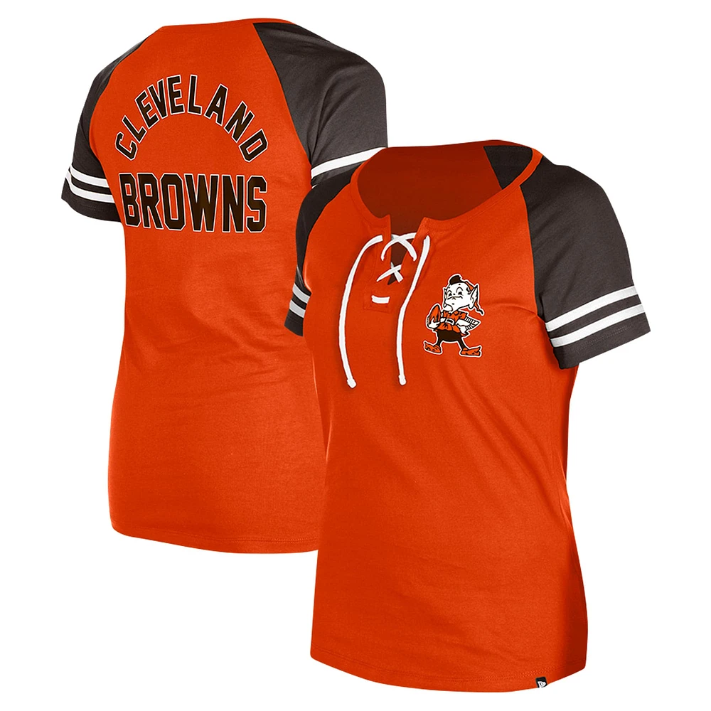 Women's New Era Orange Cleveland Browns Throwback Lace-Up Raglan T-Shirt