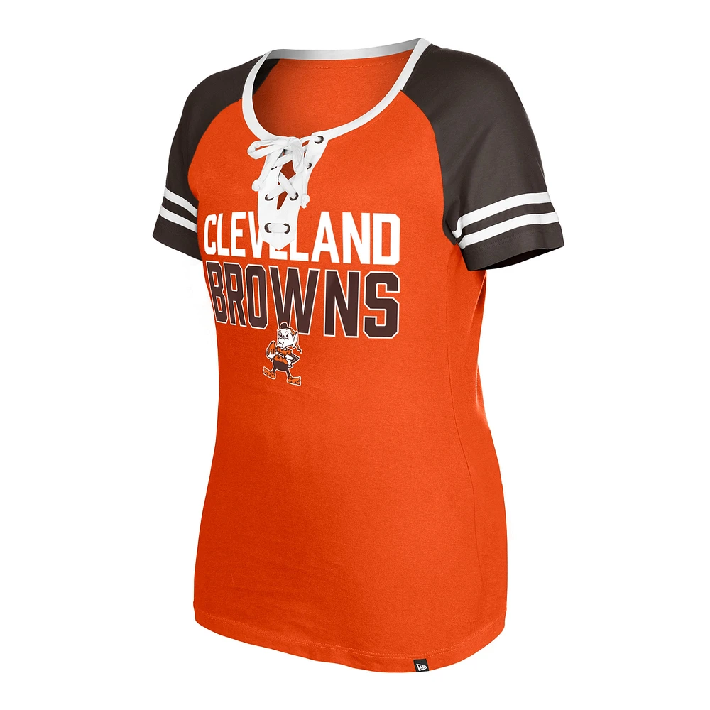 T-shirt à lacets raglan pour femme New Era orange Cleveland Browns Throwback