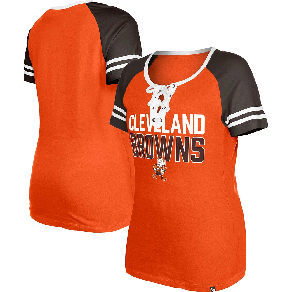 T-shirt à lacets raglan pour femme New Era orange Cleveland Browns Throwback