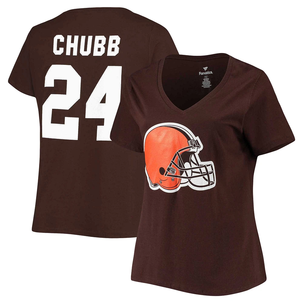 Nick Chubb Brown Cleveland Browns T-shirt à col en V pour femmes, taille plus Fair Catch, nom et numéro