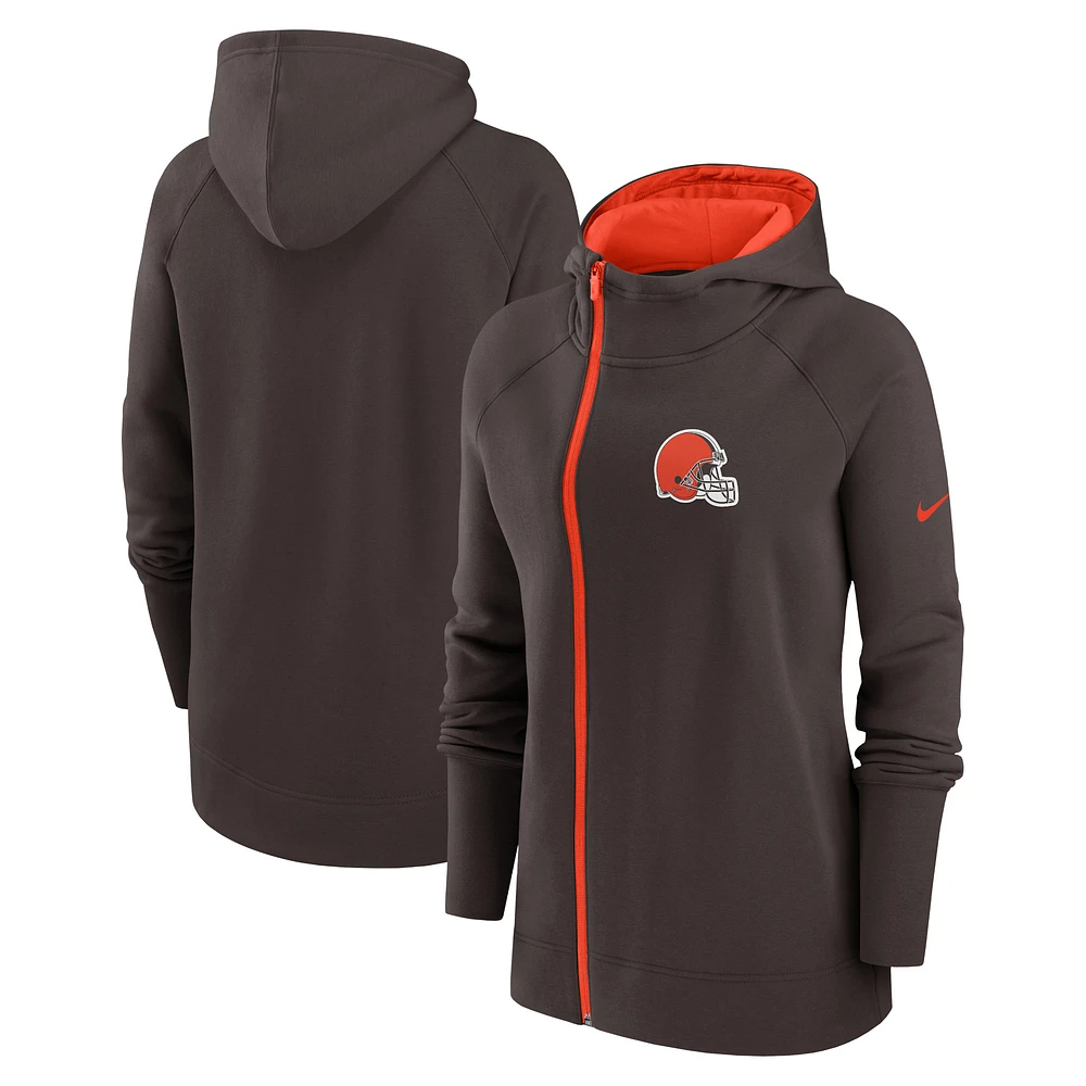 Sweat à capuche et zip intégral asymétrique Nike Cleveland Browns pour femme, marron