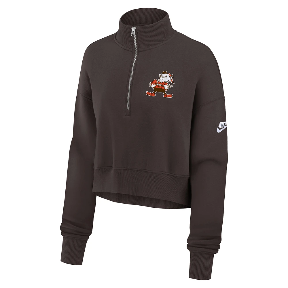 Sweat-shirt court à demi-zip Nike marron Cleveland Browns Rewind Phoenix pour femme