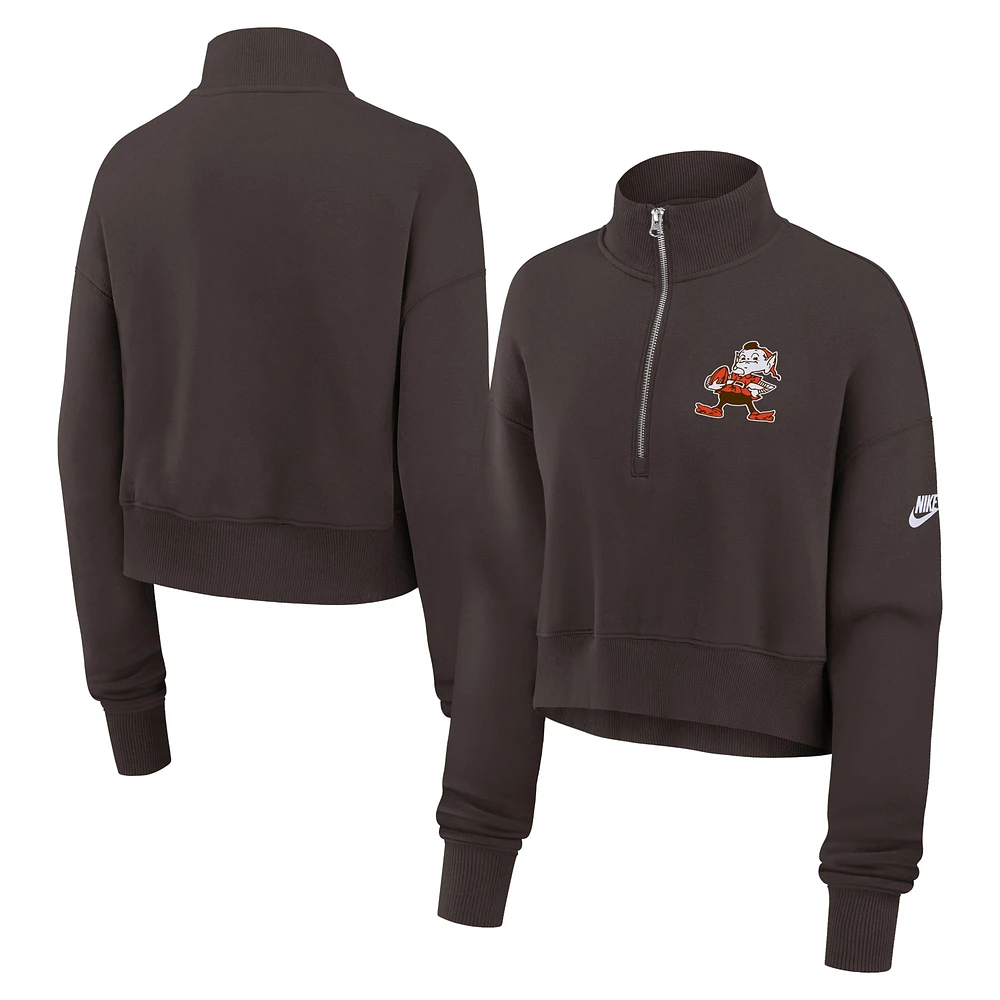 Sweat-shirt court à demi-zip Nike marron Cleveland Browns Rewind Phoenix pour femme