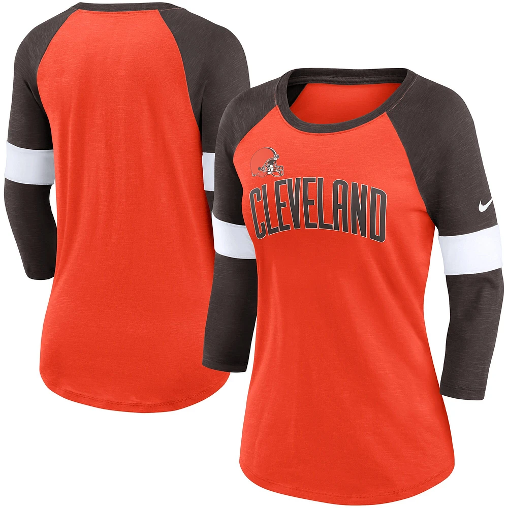 T-shirt à manches raglan 3/4 Nike Cleveland Browns pour femme, orange chiné/marron, Football Pride Slub