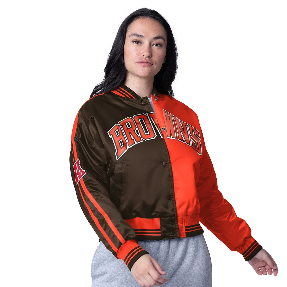 Veste courte en satin à boutons-pression pour femme Starter Brown/Orange Cleveland Browns Zone Blitz