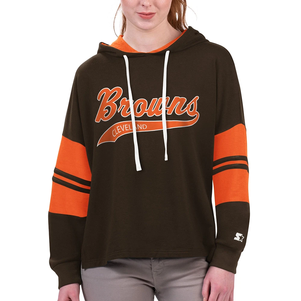 Women's Starter Brown Cleveland Browns Bump And Run Long Sleeve Hoodie T-Shirt