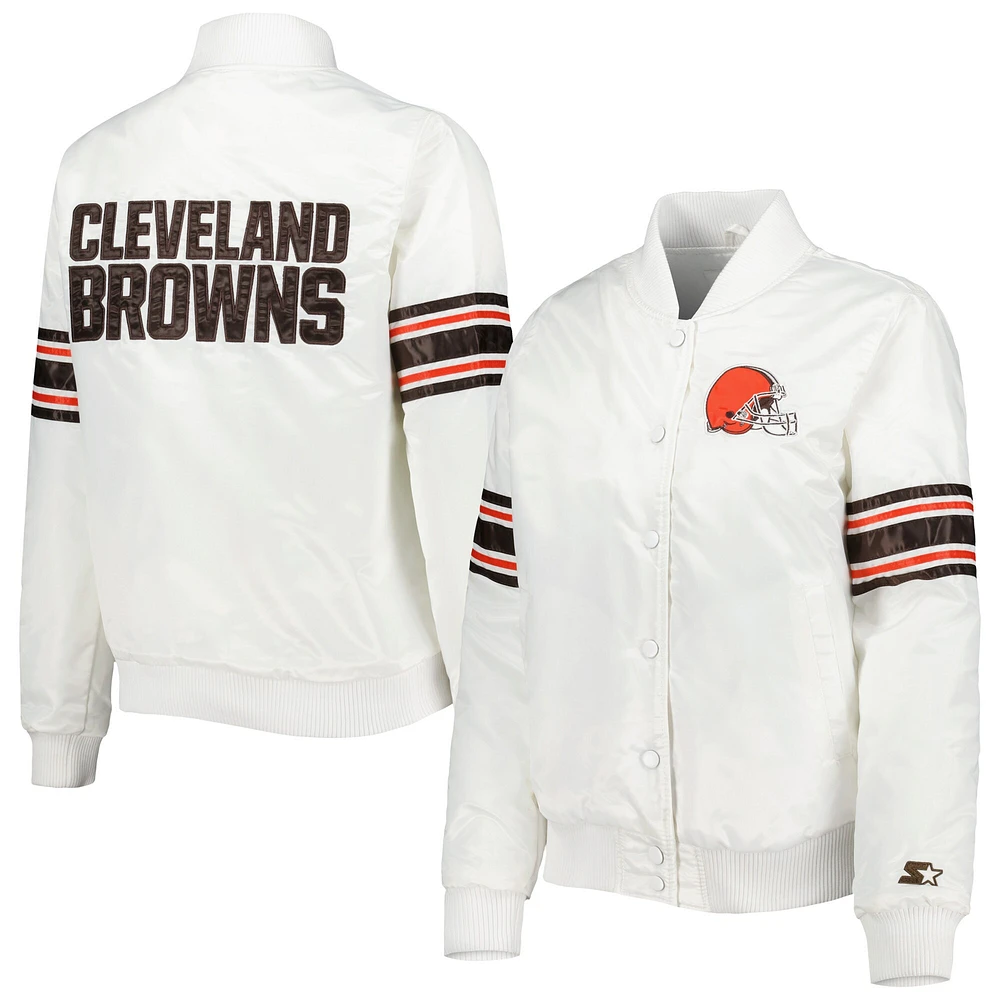 Veste universitaire Starter White Cleveland Browns Line Up en satin à boutons-pression pour femme