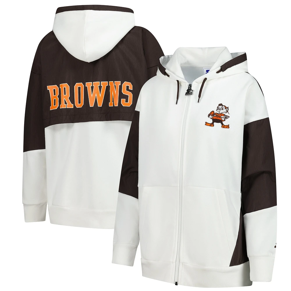 Sweat à capuche entièrement zippé blanc pour femme Cleveland Browns Scrimmage Starter