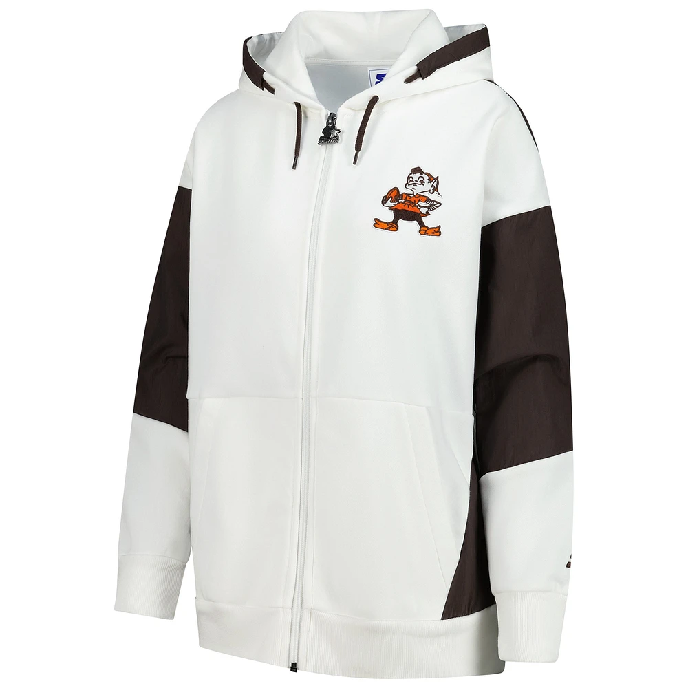 Sweat à capuche entièrement zippé blanc pour femme Cleveland Browns Scrimmage Starter